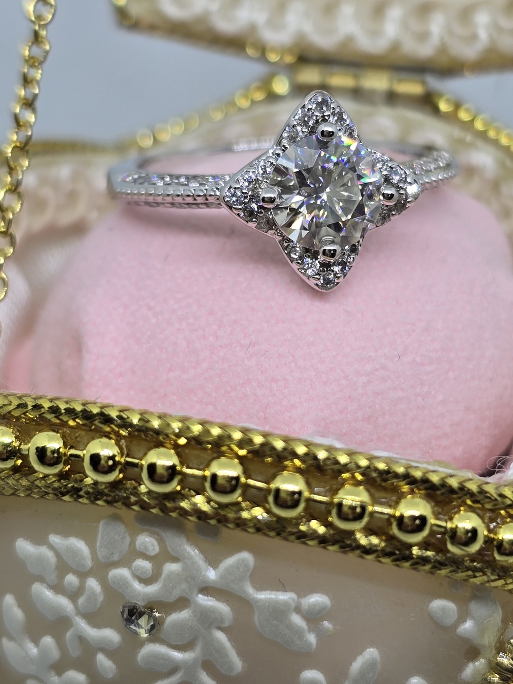 Diamond Halo Engagement Ring in Silver - Moissanite, Size 8